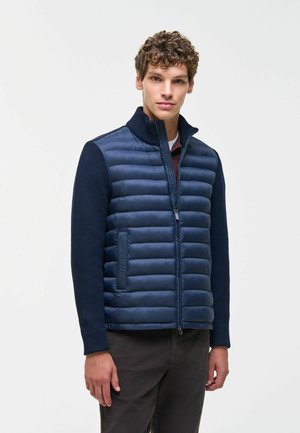 Young man with curly hair wearing a navy quilted zip-up vest over a navy knitted long-sleeve shirt and dark trousers against a white background.