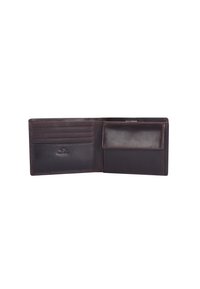 Brown leather wallet, bifold design, with six card slots and a side pocket, smooth texture, no visible hardware or patterns.