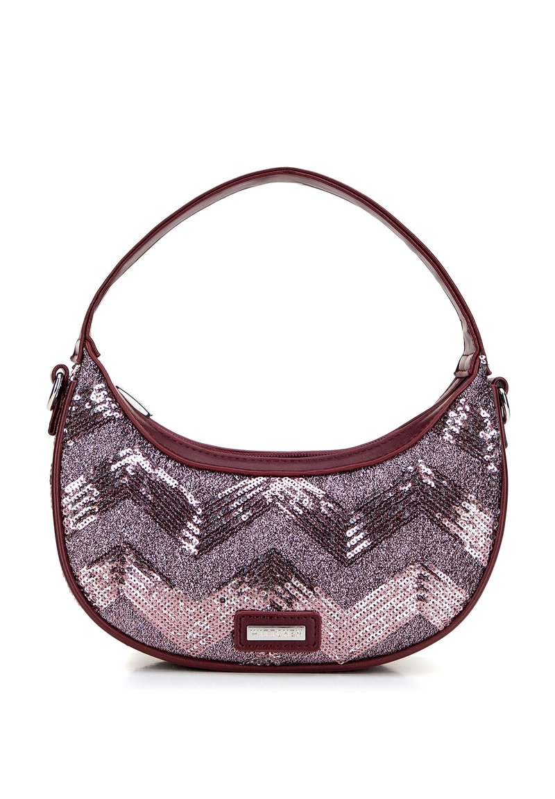 Hobo tas met een bordeaux leren schouderriem, versierd met roze en zilveren pailletten in een chevronpatroon, met een metalen logo accent.