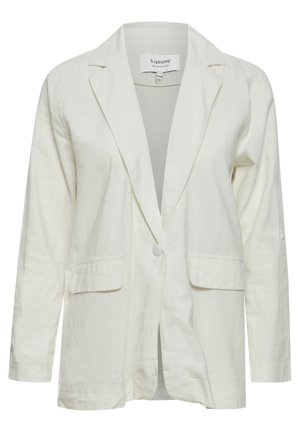 Ljusbeige linneblazer med slagkrage, en knapp fram, två framfickor och långa ärmar. Slät textur och avslappnad passform.