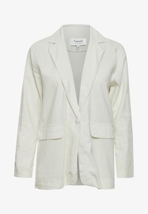 Ljusbeige linneblazer med slagkrage, en knapp fram, två framfickor och långa ärmar. Slät textur och avslappnad passform.
