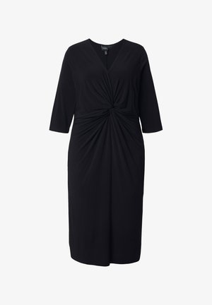 Black dress with a V-neck and three-quarter sleeves. Gathered detail at the waist, made from a smooth, stretch fabric.