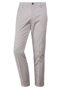 Men's patterned trousers in light gray with a textured surface. Features a button closure, side pockets, and a slim fit design.