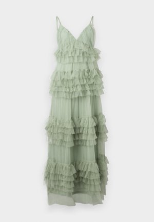 Vestido verde claro feito de um tecido de tule em camadas e com babados. Apresenta alças finas e um corpete justo. Design até ao chão com textura em camadas.