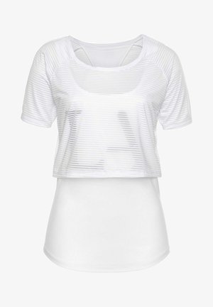 White crop top featuring a striped texture, short sleeves, and a layered look with a smooth lower section.
