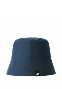 Granatowy kapelusz typu bucket wykonany z gładkiego materiału, z szerokim, opadającym rondem i przeszywaną taśmą; posiada małą metkę z logo.