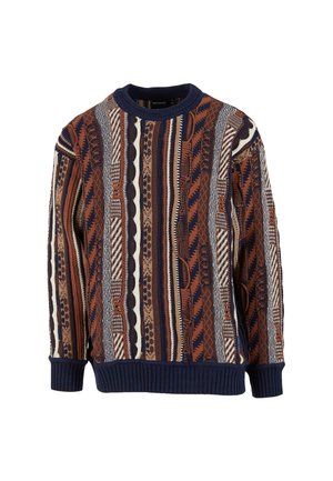 Flerfärgad stickad tröja med vertikala geometriska mönster i brunt, marinblått, beige och vitt, med ribbade mudd och nederkant.