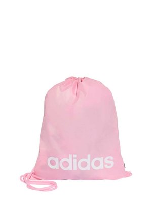 Sacca con coulisse Adidas rosa chiaro con scritta bianca del logo, stretta nella parte superiore e con sottili spallacci rosa coordinati.