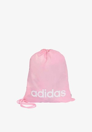 Sacca con coulisse Adidas rosa chiaro con scritta bianca del logo, stretta nella parte superiore e con sottili spallacci rosa coordinati.