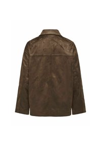 Brun mockajacka med långärmade ärmar och klassisk krage, visad bakifrån mot en vit bakgrund.