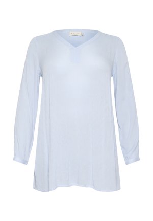 Lichtblauwe blouse met lange mouwen en een V-hals, gemaakt van zachte stof. Heeft een subtiele textuur en een relaxte pasvorm. Aanjager met een iets langere achterkant.