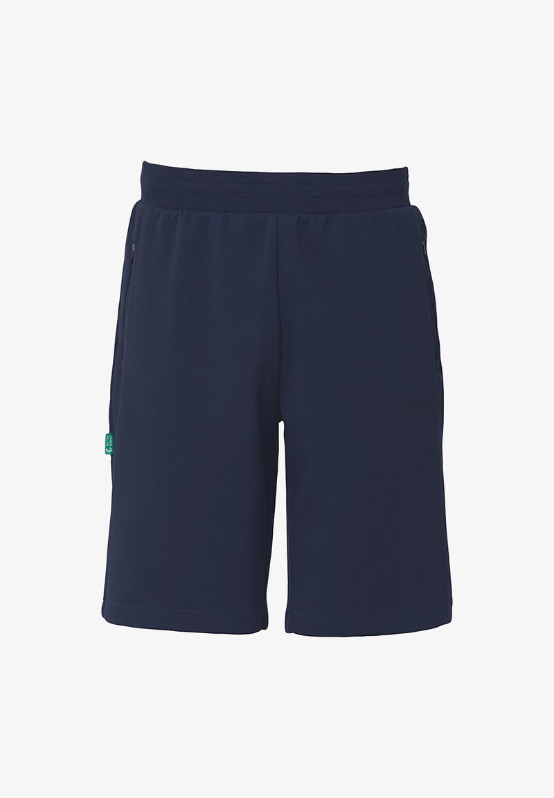 Shorts de sport bleu marine avec taille élastique et poches latérales zippées, dotés d'une petite étiquette verte sur le côté gauche.