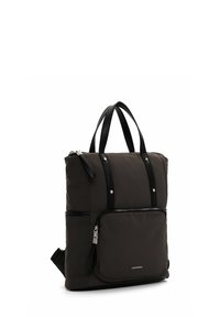 Sac fourre-tout en nylon marron foncé avec des accents en cuir noir. Dispose de poignées doubles, de fermetures éclair et d'une poche frontale avec un détail de fermeture éclair.