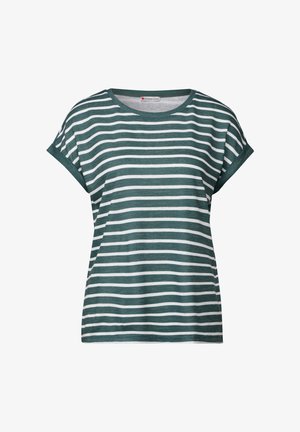 Pasiasta koszulka w ciemnozielonym i białym kolorze, z okrągłym dekoltem, krótkimi podwiniętymi rękawami i luźnym krojem o miękkiej teksturze.