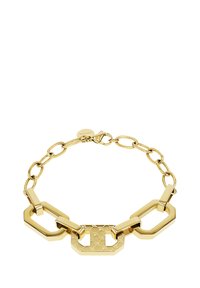 Goldene Kettenarmband mit abwechselnden sechseckigen Gliedern und einer strukturierten zentralen Platte. Glänzende Oberfläche, sicherer Verschluss und Markenanhänger.