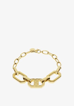 Złota bransoletka z naprzemiennymi heksagonalnymi ogniwami i teksturowaną centralną płytką. Błyszczące wykończenie, bezpieczne zapięcie i zawieszka z logotypem.