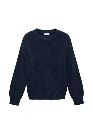 Pull en maille bleu marine avec col rond, détails en tricot torsadé sur les manches, et bord-côte aux poignets et à l'ourlet. Tissu texturé.