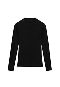 Maglietta nera a maniche lunghe con colletto alto, texture liscia e cucitura centrale sul retro. Design semplice, senza accessori o motivi aggiuntivi.