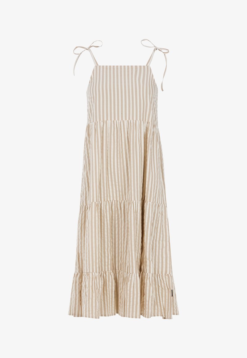 Dětské šaty bez rukávů s nastavitelnými šňůrkami, s vrstveným designem a vertikálními béžovými a krémovými pruhy, vyrobené z texturované tkaniny.