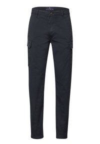 Pantalones cargo negros fabricados en una mezcla de algodón, con bolsillos laterales, un diseño ajustado y un cierre de botón en la cintura.