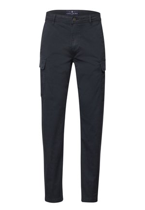 Schwarze Cargo-Hosen aus einem Baumwollgemisch, mit Seitentaschen, schlanker Passform und einem Knopfverschluss am Bund.