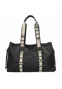 Sac de voyage en cuir noir avec de larges poignées en tissu beige, portant le texte "COCCINELLE" en noir, une poche avant et des détails de cordon de serrage sur le côté.