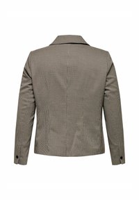 Hnědý a béžový dámský blazer s houndstooth vzorem z pohledu zezadu, s dlouhými rukávy a knoflíkovými manžetami.