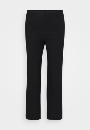 Černé kalhoty s rovnými nohavicemi, vyrobené z hladkého materiálu. Mají plochý pas a žádné viditelné kapsy. Minimalistický styl.