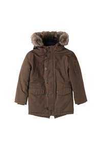Brązowa kurtka parka z kapturem wykończonym sztucznym futrem, z przodu zapinana na guziki, z dwoma przednimi kieszeniami oraz boczną kieszenią na zamek. Gładka tekstura materiału.