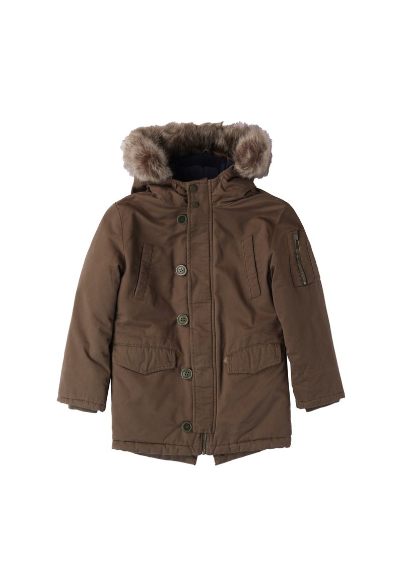 Brązowa kurtka parka z kapturem wykończonym sztucznym futrem, z przodu zapinana na guziki, z dwoma przednimi kieszeniami oraz boczną kieszenią na zamek. Gładka tekstura materiału.