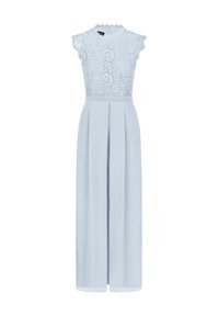 Helles blaues Kleid mit Spitzenoberteil, kurzen Ärmeln, hohem Ausschnitt und fließendem Rock mit einem Schlitz vorne. Glattes, leichtes Material.