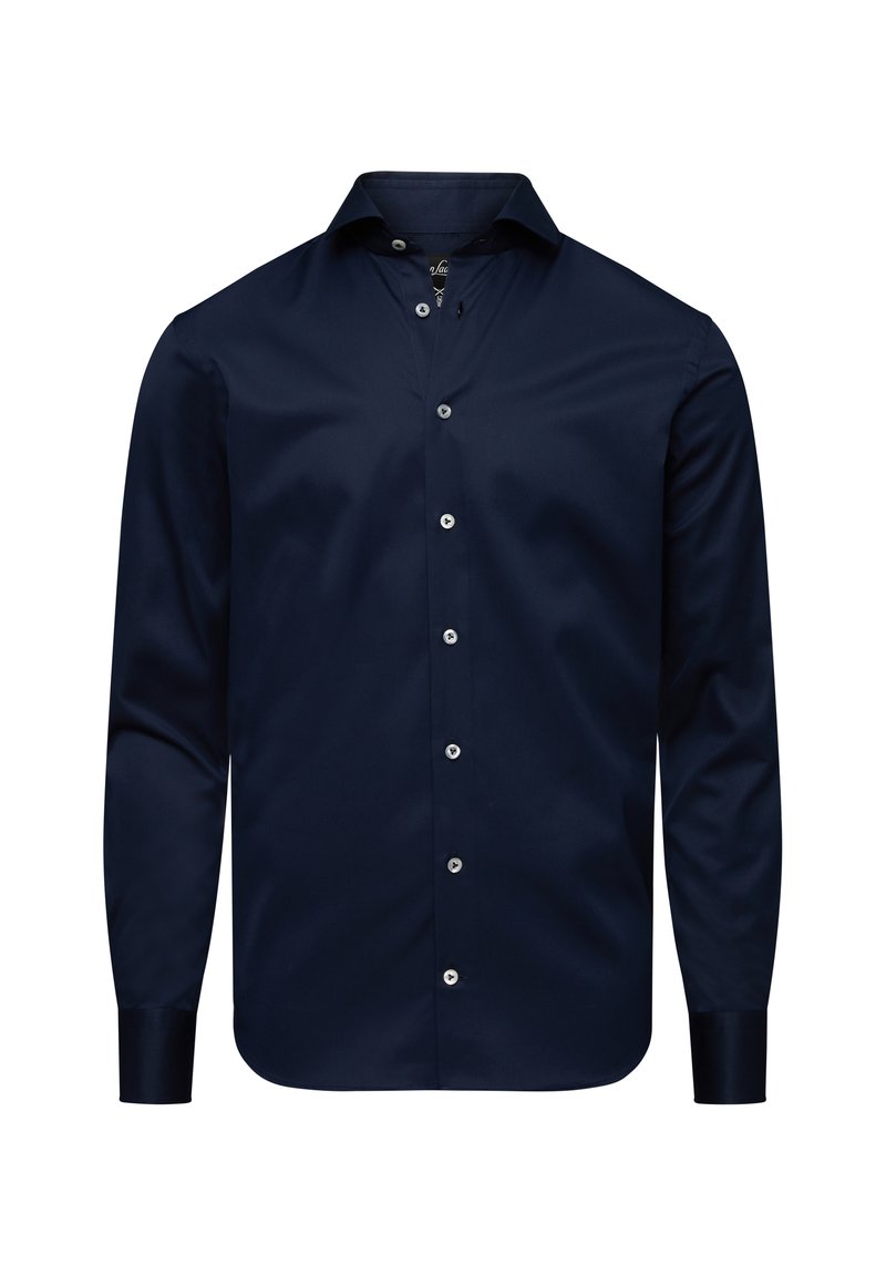 Marineblaues Langarmhemd mit Knöpfen aus glattem Stoff. Verfügt über einen spitzen Kragen und sechs vordere Knöpfe mit metallischen Akzenten.