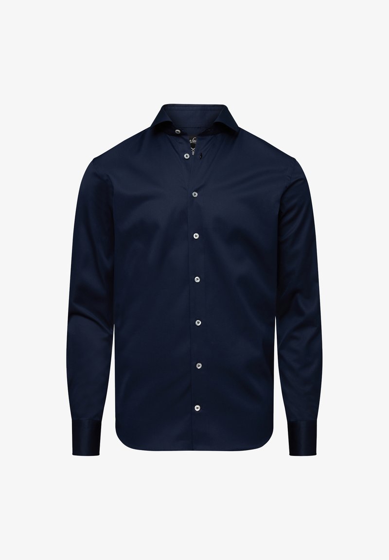 Marineblaues Langarmhemd mit Knöpfen aus glattem Stoff. Verfügt über einen spitzen Kragen und sechs vordere Knöpfe mit metallischen Akzenten.