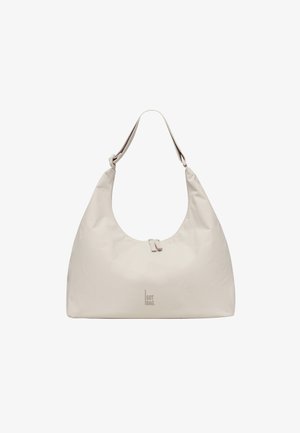 Sac bandoulière de style hobo beige avec une sangle ajustable, fermeture éclair et logo "GOT BAG." centré près du bas.