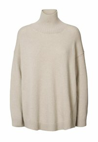 Beige coltrui met geribbelde halslijn en manchetten. Oversized pasvorm, zachte textuur en rechte zoom. Eenvoudig, modern ontwerp.