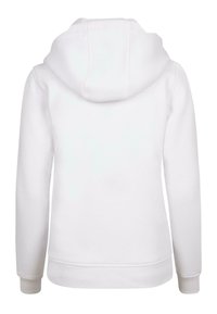White hoodie with a front kangaroo pocket, drawstring hood, and ribbed cuffs and hem. Made from soft, textured material. Back view.
