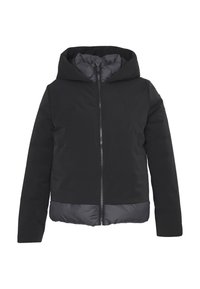 Giacca invernale nera con cappuccio, chiusura frontale a zip, imbottitura interna, maniche e parte superiore in tessuto liscio.