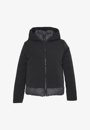 Giacca invernale nera con cappuccio, chiusura frontale a zip, imbottitura interna, maniche e parte superiore in tessuto liscio.