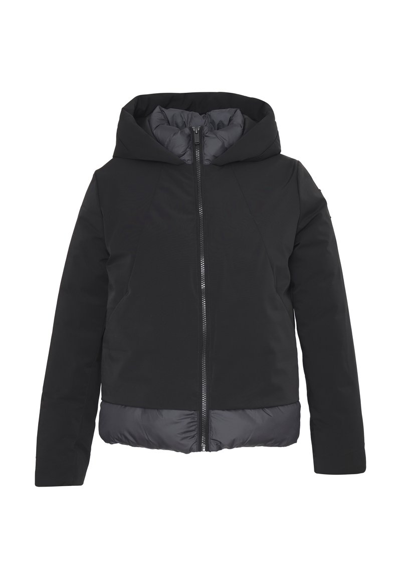 Giacca invernale nera con cappuccio, chiusura frontale a zip, imbottitura interna, maniche e parte superiore in tessuto liscio.