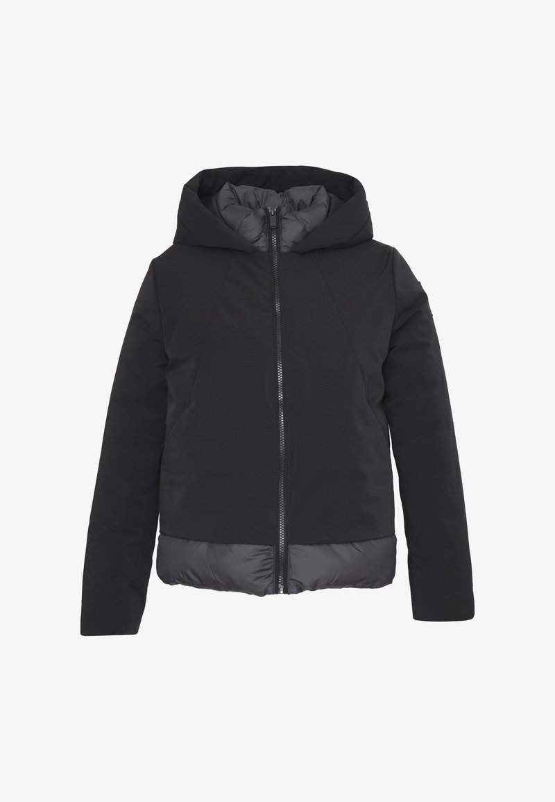 Giacca invernale nera con cappuccio, chiusura frontale a zip, imbottitura interna, maniche e parte superiore in tessuto liscio.
