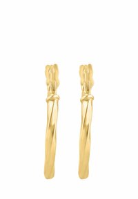 Náušnice s visiacim dizajnom v zlatej farbe. Majú hladké, reflexné povrchy a pevné zapínanie na vrchu.