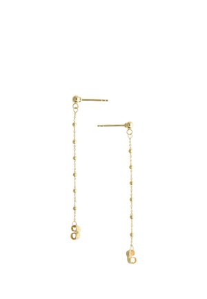 Boucles d'oreilles clous ton or avec chaîne fine et petits accents de perles, fermoir papillon.