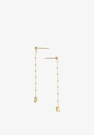 Boucles d'oreilles clous ton or avec chaîne fine et petits accents de perles, fermoir papillon.