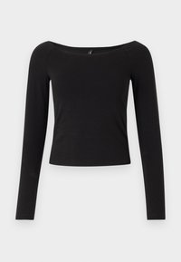Black long-sleeve top with a boat neckline, fitted design, and soft cotton material, featuring no visible patterns or hardware.