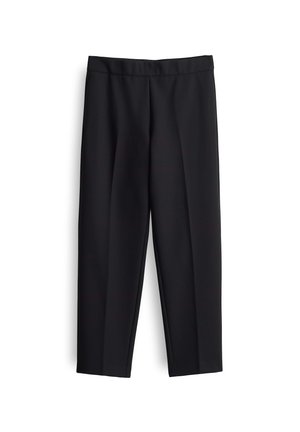 Pantaloni neri con un design sartoriale, caratterizzati da una vita alta, pieghe sul davanti e una silhouette a gamba dritta. Tessuto dalla superficie liscia.