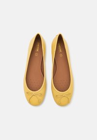 Coppia di ballerine in pelle gialla con piccolo fiocco sulla punta e plantari in gomma marrone, posizionate affiancate su sfondo bianco.