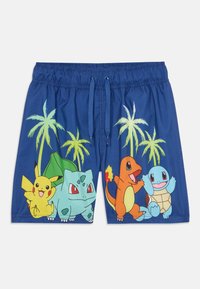 Shorts de bain bleus ornés de personnages de dessin animé vibrants, avec une taille élastique à cordon de serrage et des graphismes de palmiers en vert et jaune.