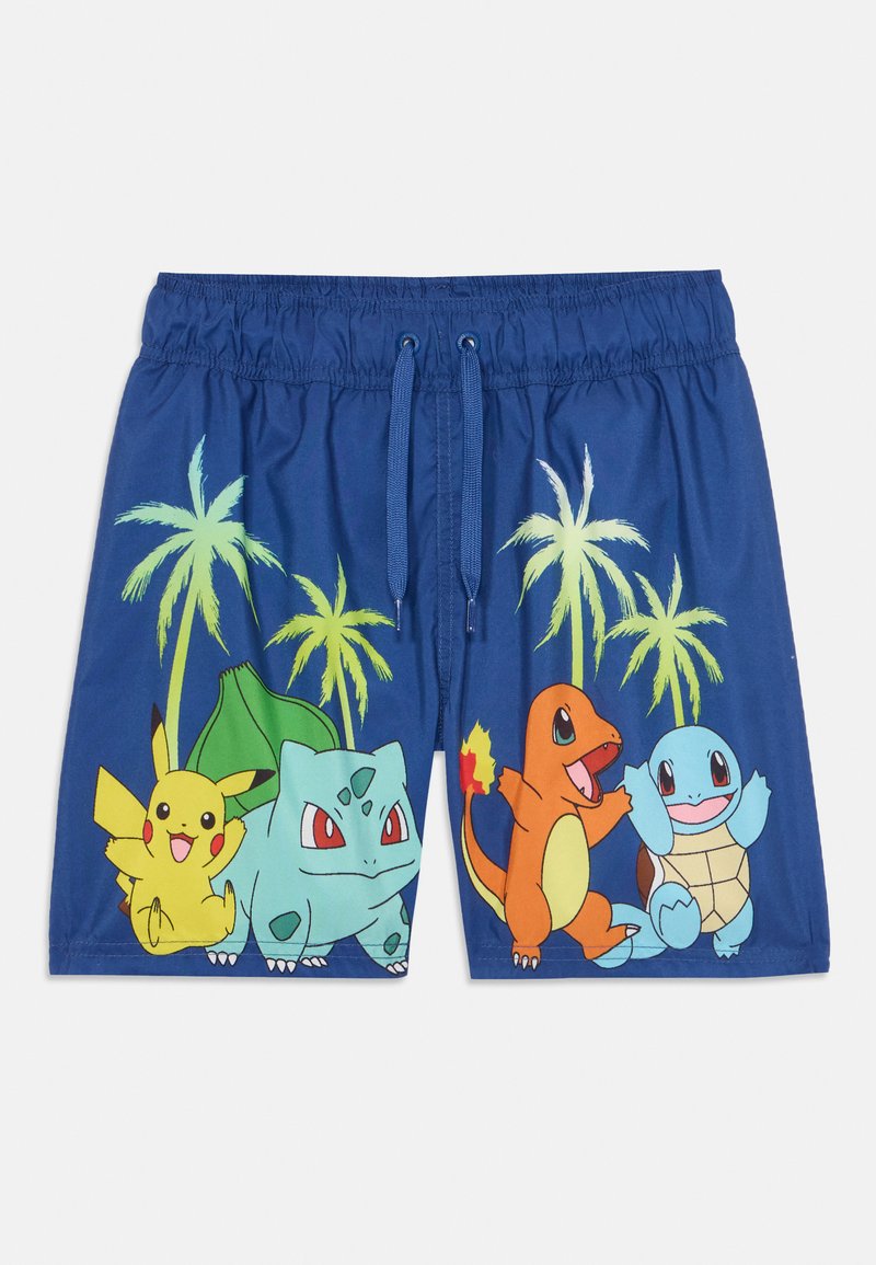 Shorts de bain bleus ornés de personnages de dessin animé vibrants, avec une taille élastique à cordon de serrage et des graphismes de palmiers en vert et jaune.