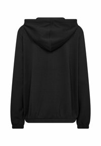 Černá mikina s kapucí, přední kapsou a stahovací šňůrkou. Má elastické manžety a pas, vyrobená z měkké, strukturované látky.