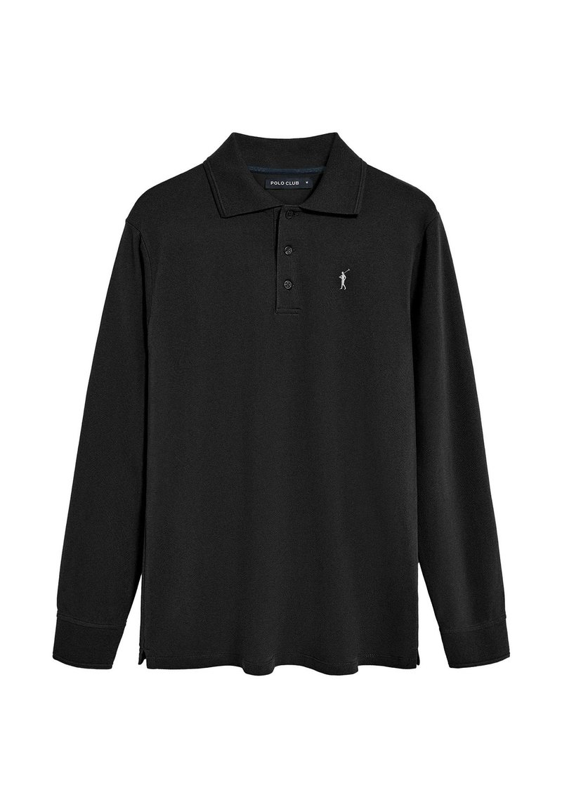 Sort langærmet polo shirt lavet af en bomuldsblanding, med krave, tre knapper og et lille logo på venstre bryst.